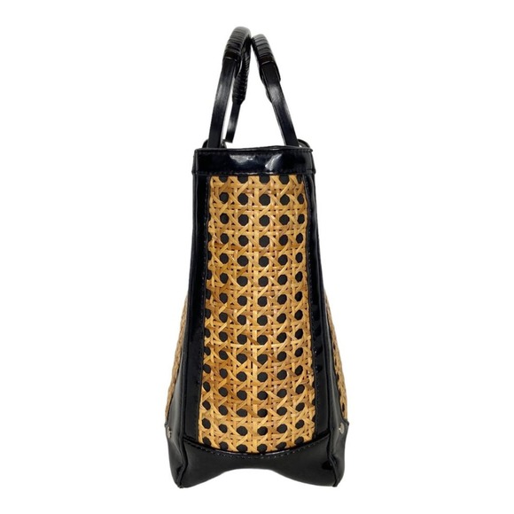 White House Black Market Straw Bag Wicker Black Patent Leather Handbag Tote - Picture 11 of 12